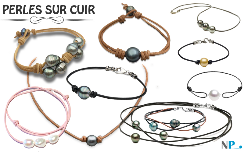 Perle de culture montees sur cuir, cuir naturel, cuir en couleur toutes les perles sur cuir